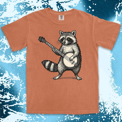 banjo raccoon comfort colors t-shirt playing folk music