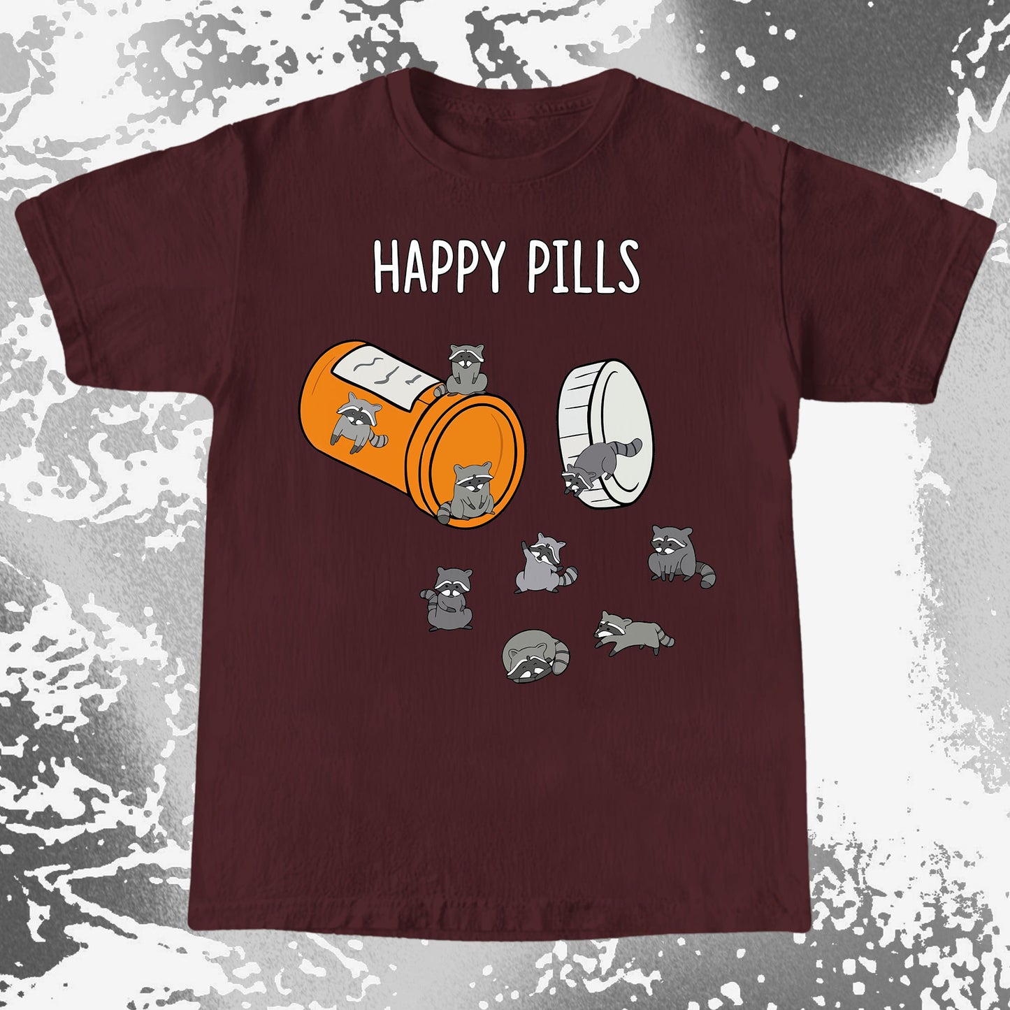 Cartoon raccoons spilling out of an orange pill bottle with the text “Happy Pills” on a dark humor t-shirt