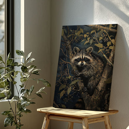 Vintage raccoon canvas wall art featuring a raccoon in forest branches with dark moody tones