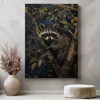 Vintage raccoon canvas wall art featuring a raccoon in forest branches with dark moody tones