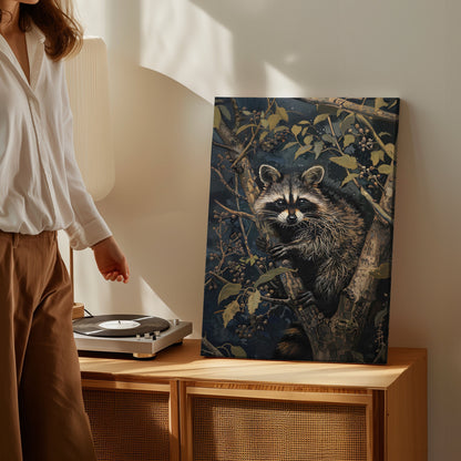 Vintage raccoon canvas wall art featuring a raccoon in forest branches with dark moody tones