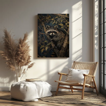Vintage raccoon canvas wall art featuring a raccoon in forest branches with dark moody tones