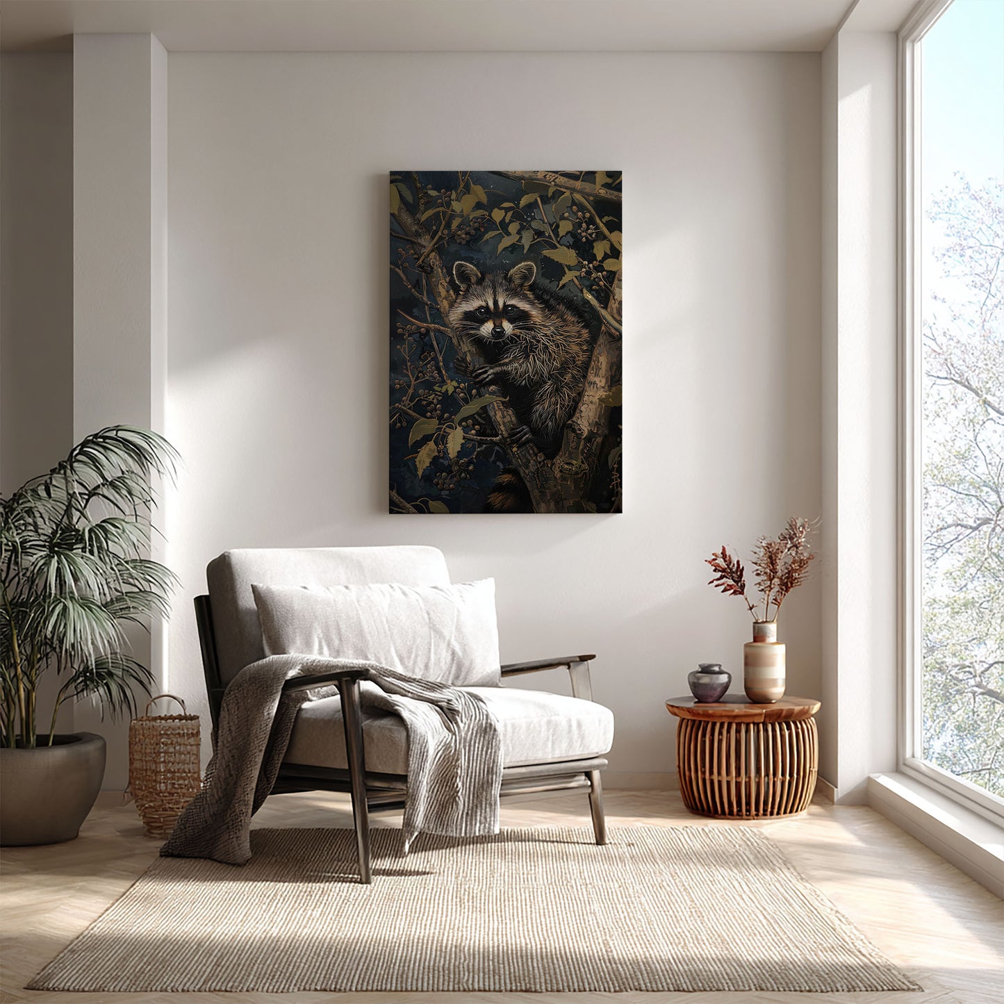 Vintage raccoon canvas wall art featuring a raccoon in forest branches with dark moody tones