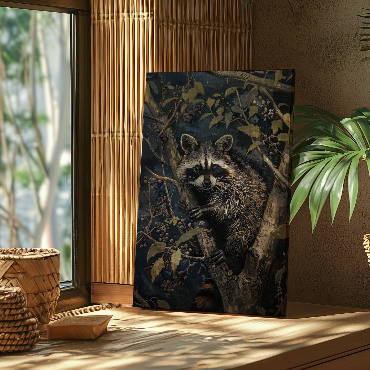 Vintage raccoon canvas wall art featuring a raccoon in forest branches with dark moody tones