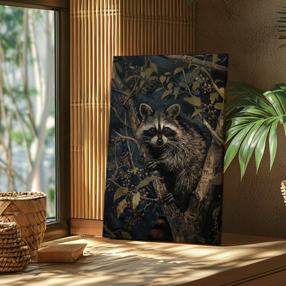 Vintage raccoon canvas wall art featuring a raccoon in forest branches with dark moody tones