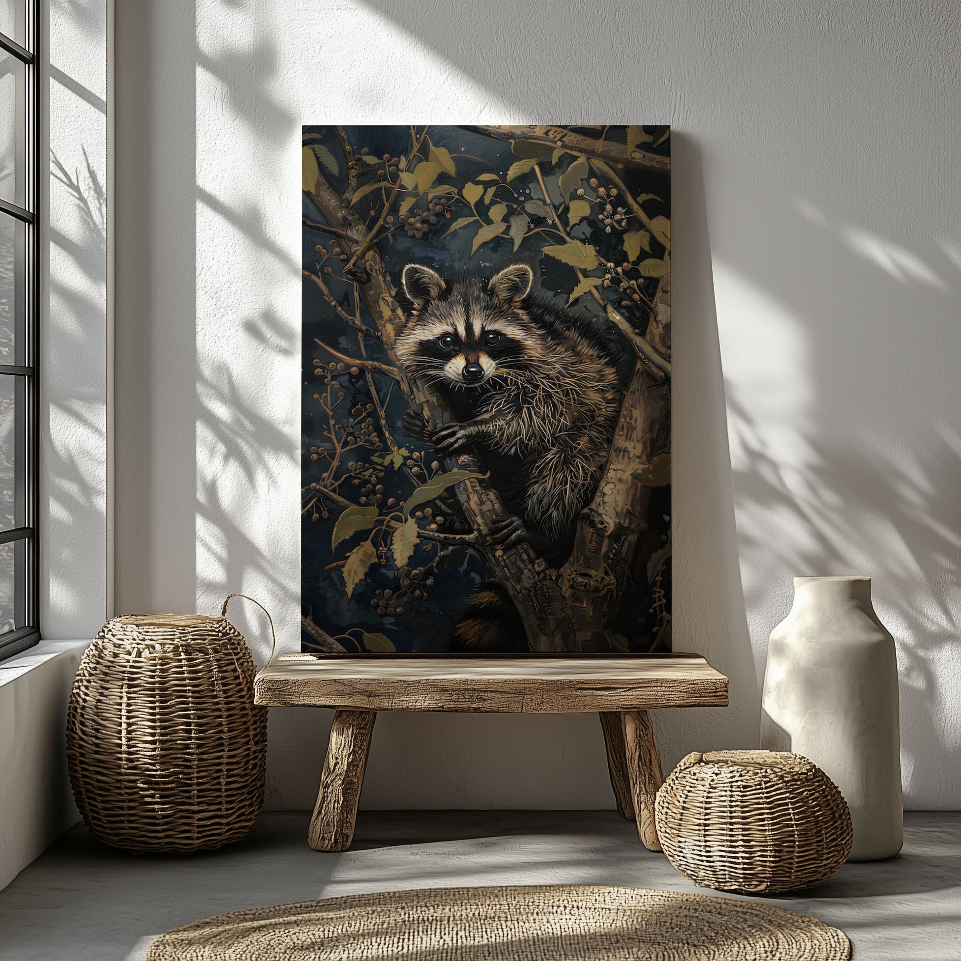 Vintage raccoon canvas wall art featuring a raccoon in forest branches with dark moody tones