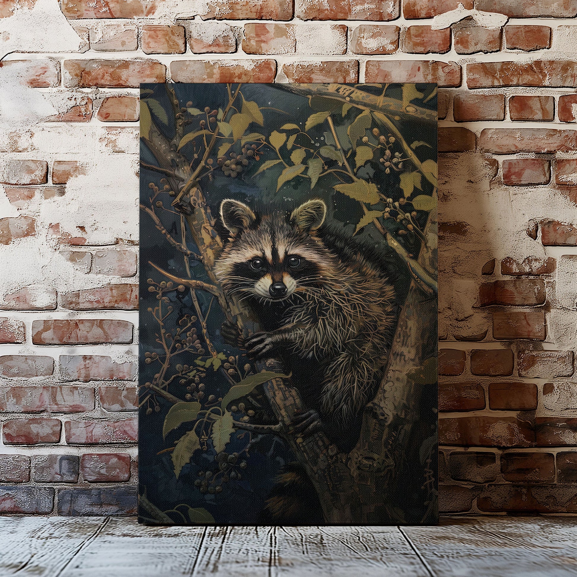 Vintage raccoon canvas wall art featuring a raccoon in forest branches with dark moody tones