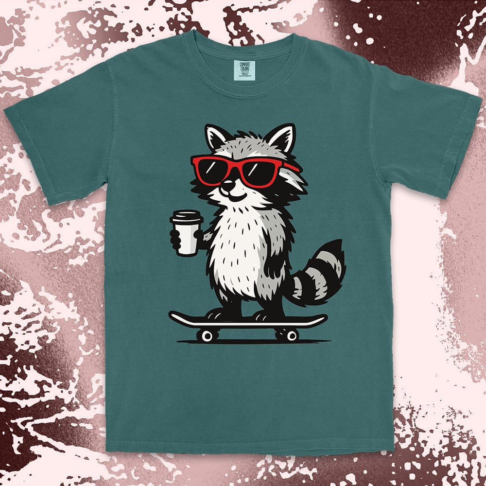 Raccoon with skateboard and coffee, wearing red sunglasses, cool skater raccoon design on Comfort Color t-shirt.