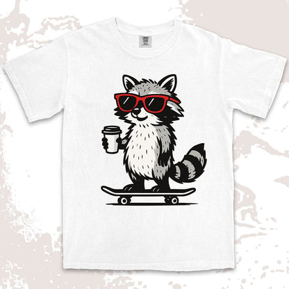 Raccoon with skateboard and coffee, wearing red sunglasses, cool skater raccoon design on Comfort Color t-shirt.