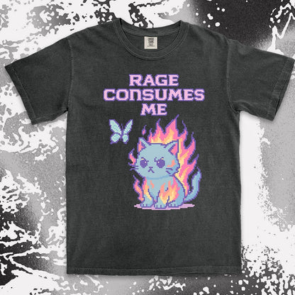Pixel cat shirt on fire with “Rage Consumes Me” text, funny gamer and meme tee