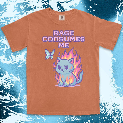 Pixel cat shirt on fire with “Rage Consumes Me” text, funny gamer and meme tee