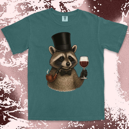 Raccoon shirt featuring a gentleman raccoon in top hat and bow tie, holding a glass of wine and smoking a pipe, on Comfort Color t-shirt.
