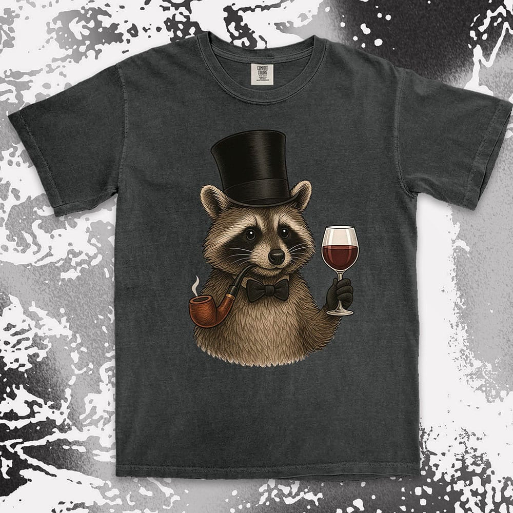 Raccoon shirt featuring a gentleman raccoon in top hat and bow tie, holding a glass of wine and smoking a pipe, on Comfort Color t-shirt.