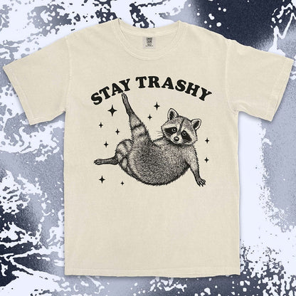stay trashy raccoon lying on back with sparkles comfort colors t-shirt
