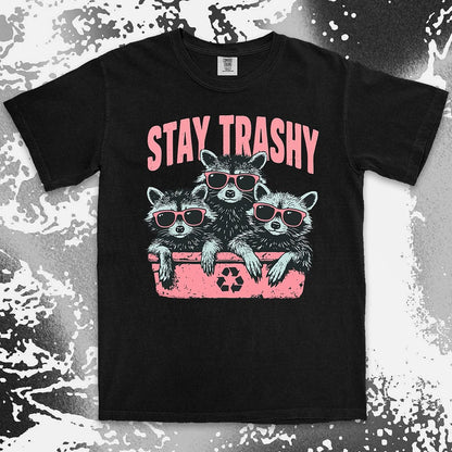 stay trashy raccoon comfort colors t-shirt three raccoons with sunglasses in bin