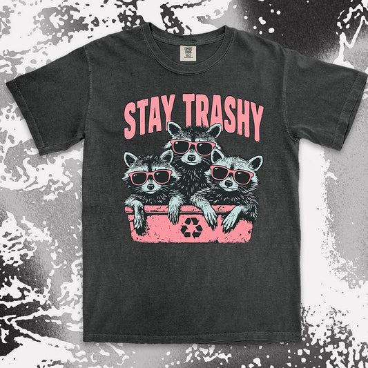 stay trashy raccoon comfort colors t-shirt three raccoons with sunglasses in bin