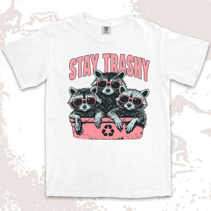 stay trashy raccoon comfort colors t-shirt three raccoons with sunglasses in bin