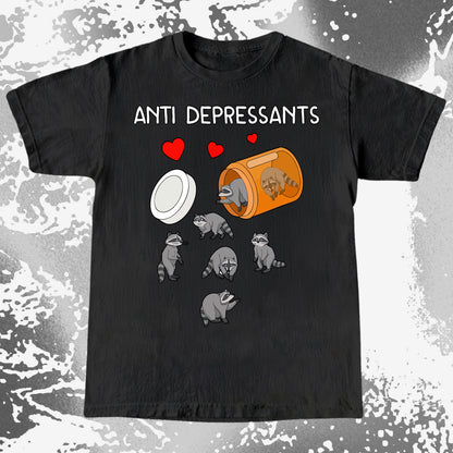 Anti Depressants Raccoon Shirt – Soft Dark Humor Mental Health Art