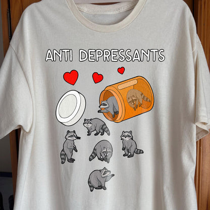 Anti Depressants Raccoon Shirt – Soft Dark Humor Mental Health Art