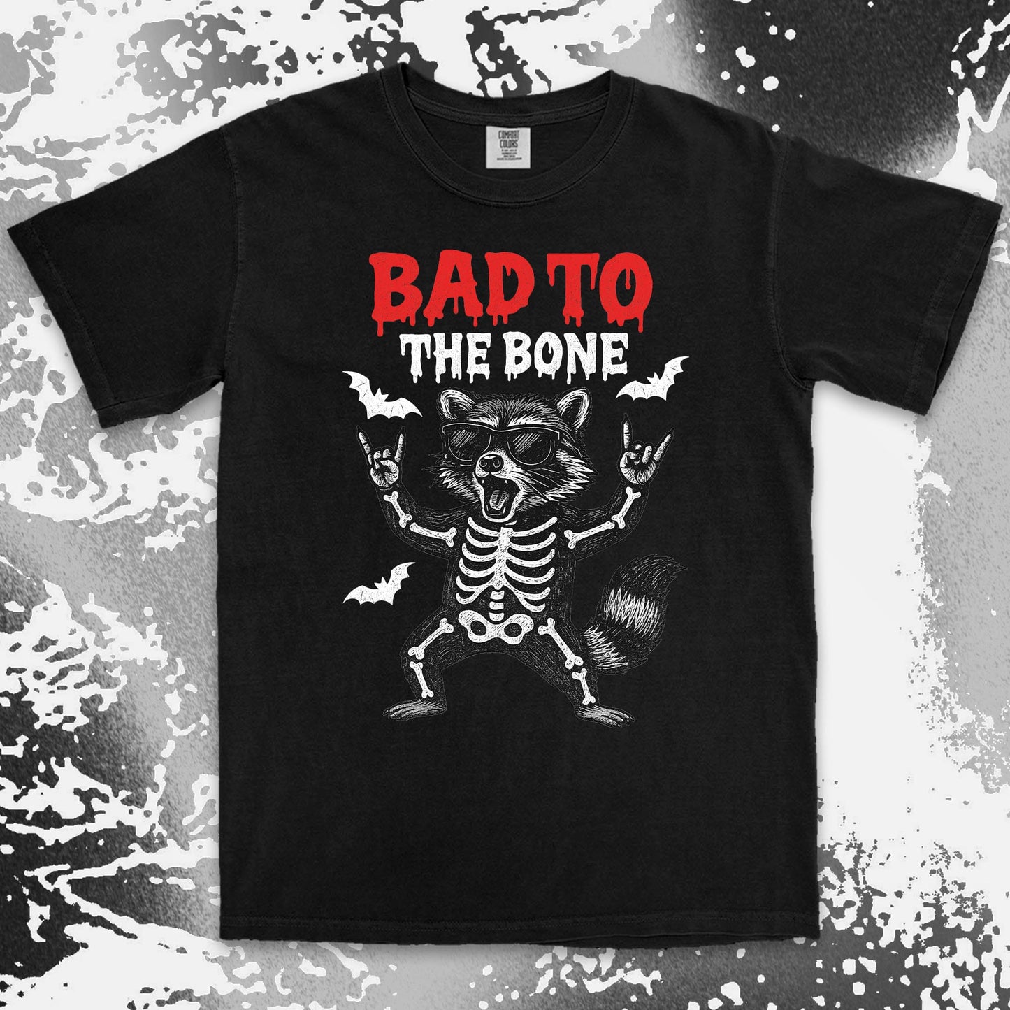 bad to the bone raccoon comfort colors t-shirt with skeleton and bats