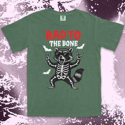 bad to the bone raccoon comfort colors t-shirt with skeleton and bats