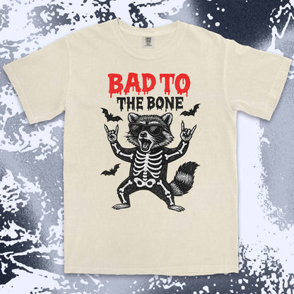 bad to the bone raccoon comfort colors t-shirt with skeleton and bats