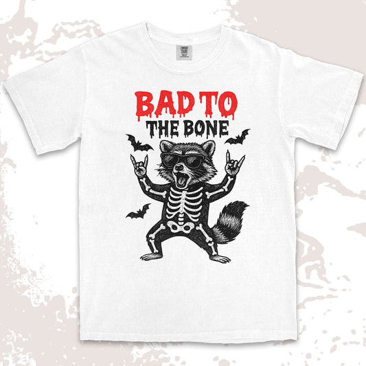 bad to the bone raccoon comfort colors t-shirt with skeleton and bats
