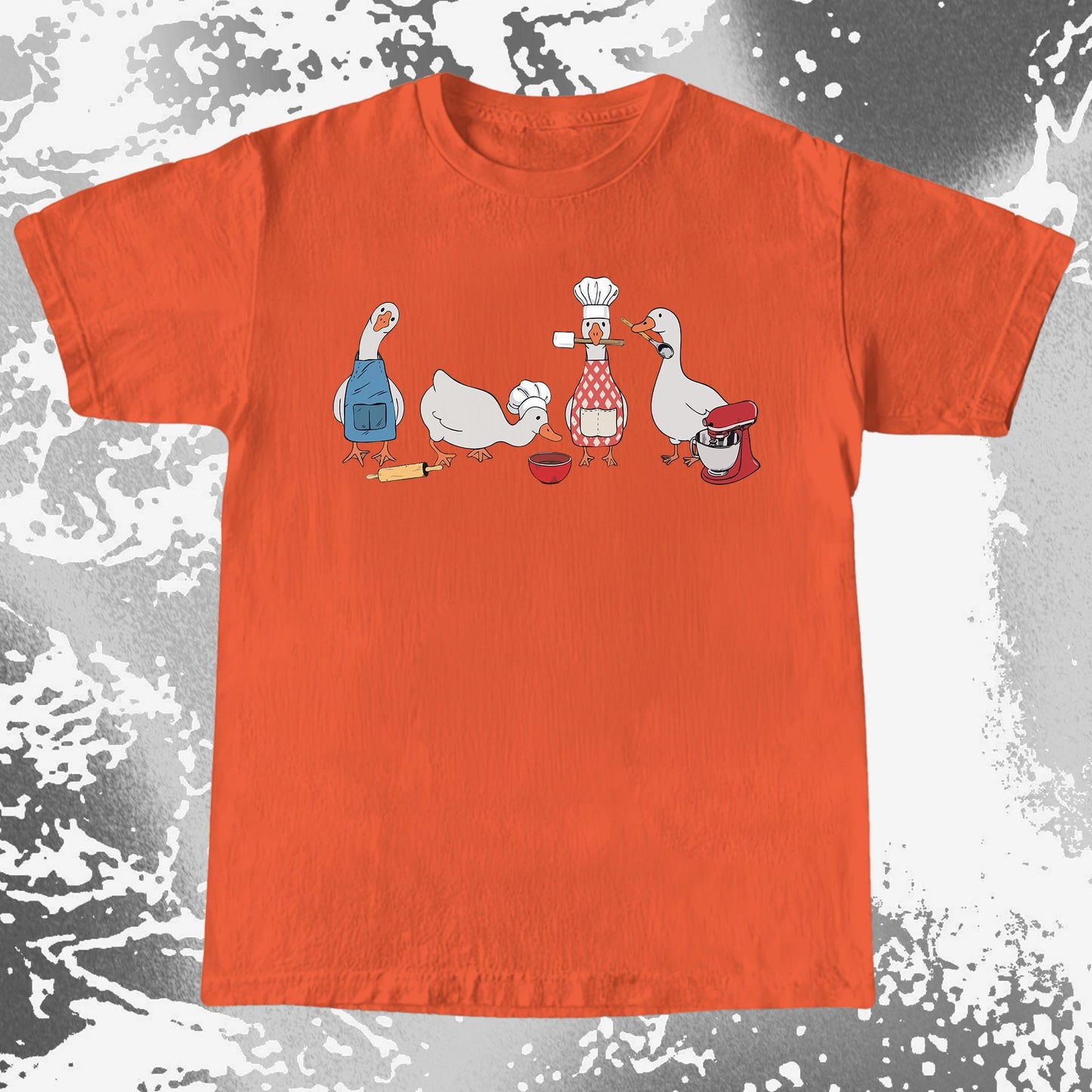 Four cartoon geese dressed as bakers with rolling pin, chef hats, spatula, mixing bowl, and stand mixer on a funny baking design.