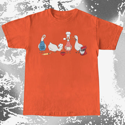 Four cartoon geese dressed as bakers with rolling pin, chef hats, spatula, mixing bowl, and stand mixer on a funny baking design.