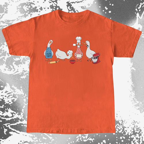 Four cartoon geese dressed as bakers with rolling pin, chef hats, spatula, mixing bowl, and stand mixer on a funny baking design.