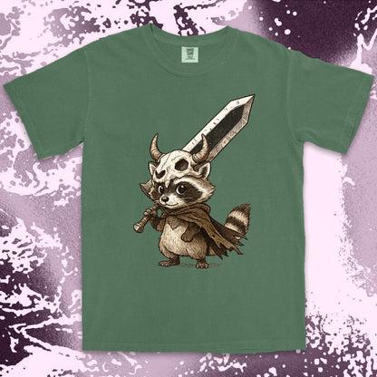 warrior raccoon comfort colors t-shirt with sword and skull helmet