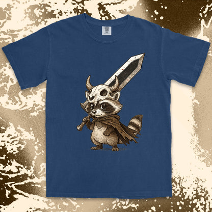warrior raccoon comfort colors t-shirt with sword and skull helmet