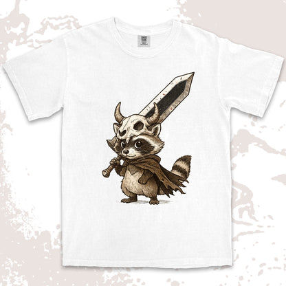 warrior raccoon comfort colors t-shirt with sword and skull helmet