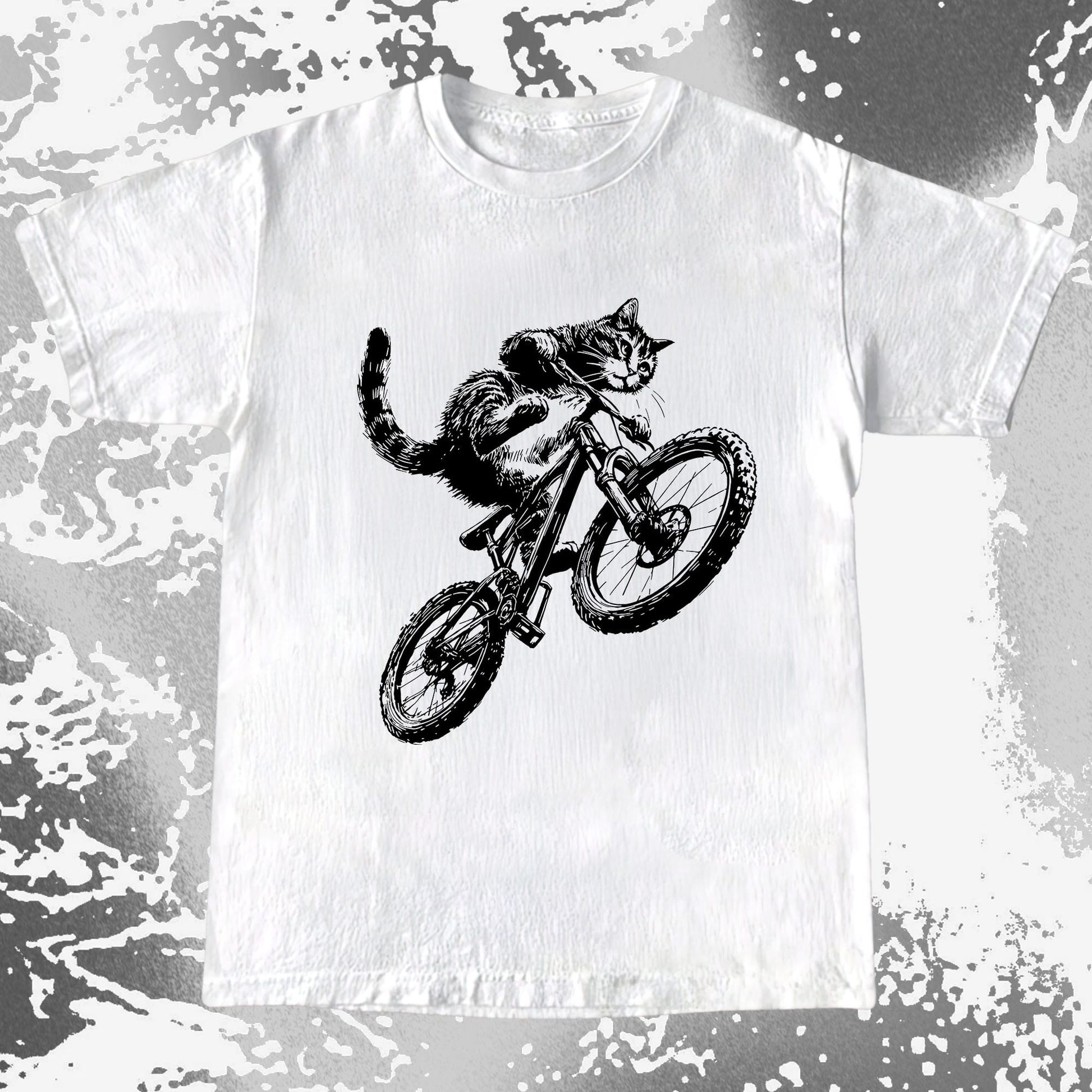 Black and white line art cat riding a mountain bike mid-jump, dynamic motion illustration, fearless and feral energy
