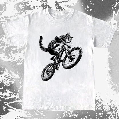 Black and white line art cat riding a mountain bike mid-jump, dynamic motion illustration, fearless and feral energy