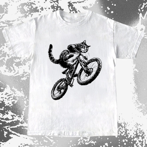 Black and white line art cat riding a mountain bike mid-jump, dynamic motion illustration, fearless and feral energy