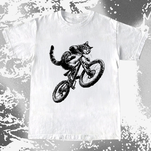 Black and white line art cat riding a mountain bike mid-jump, dynamic motion illustration, fearless and feral energy