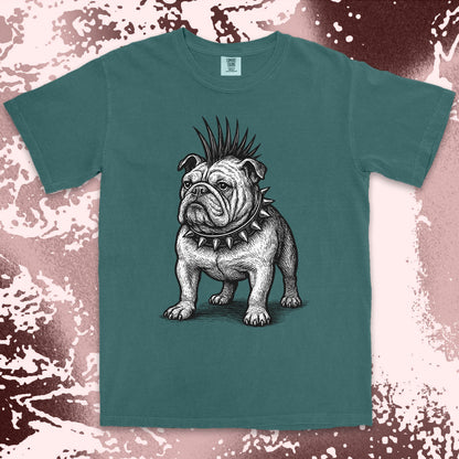 punk bulldog comfort colors t-shirt with mohawk and spikes collar