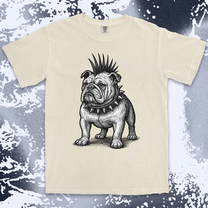 punk bulldog comfort colors t-shirt with mohawk and spikes collar