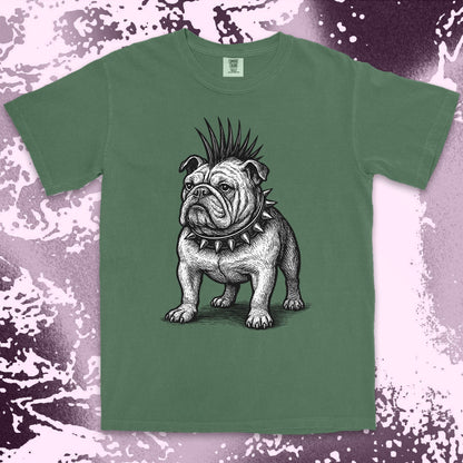 punk bulldog comfort colors t-shirt with mohawk and spikes collar