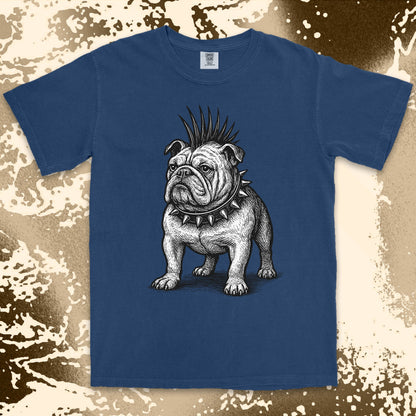 punk bulldog comfort colors t-shirt with mohawk and spikes collar