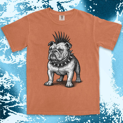 punk bulldog comfort colors t-shirt with mohawk and spikes collar