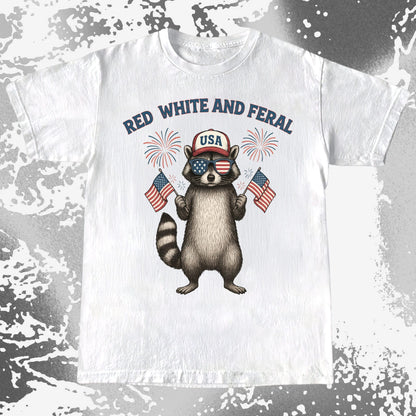 Raccoon wearing USA hat and sunglasses holding American flags with the quote Red White and Feral