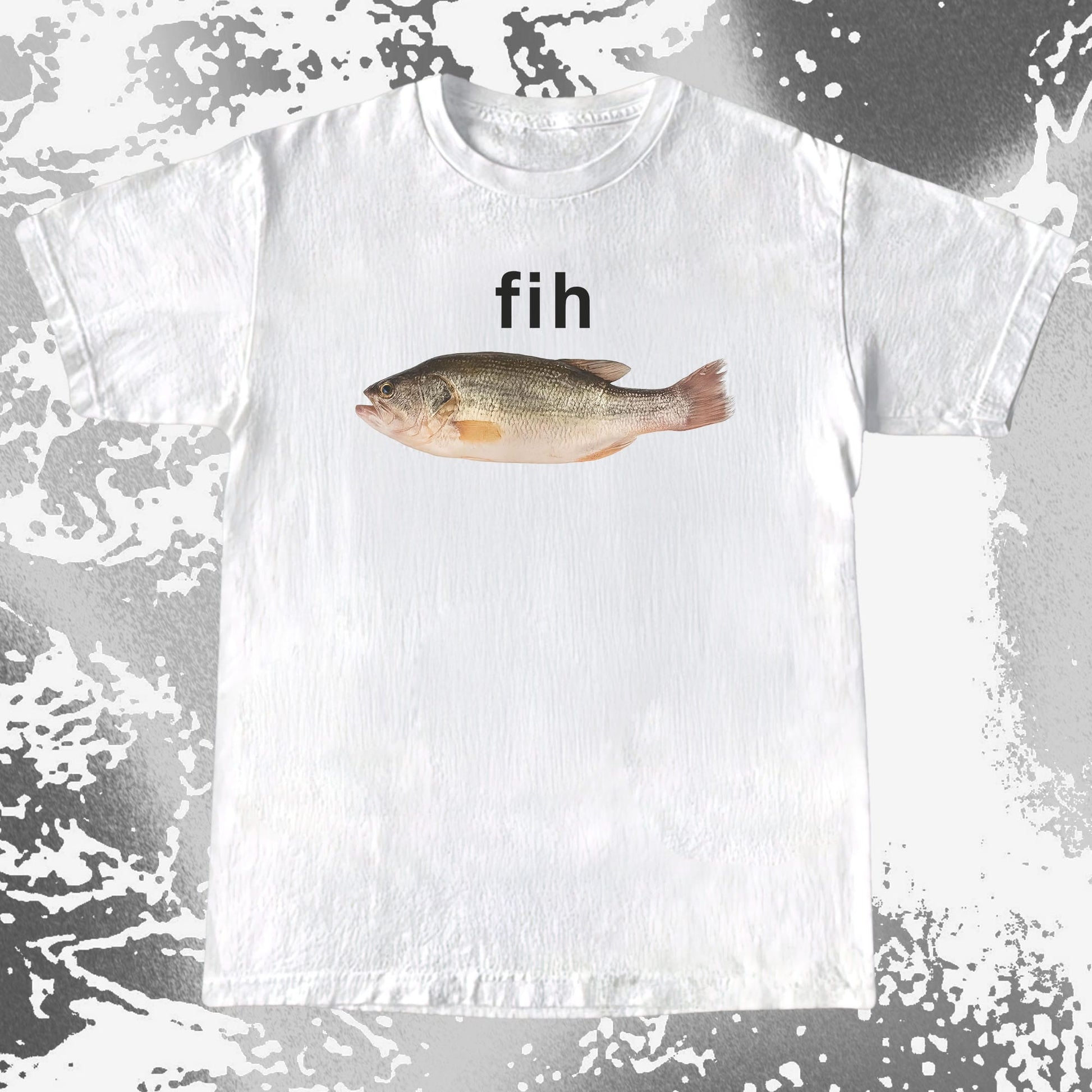 White t-shirt with a fish graphic and 'fih' text on a textured background