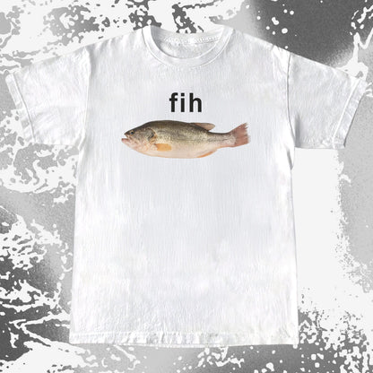 White t-shirt with a fish graphic and 'fih' text on a textured background