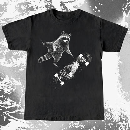 Skateboarding Raccoon Shirt – Mid Air Chaos Tee