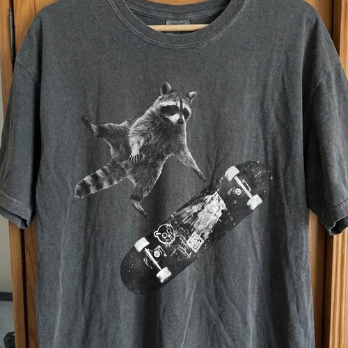 Skateboarding Raccoon Shirt – Mid Air Chaos Tee