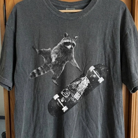 Skateboarding Raccoon Shirt – Mid Air Chaos Tee