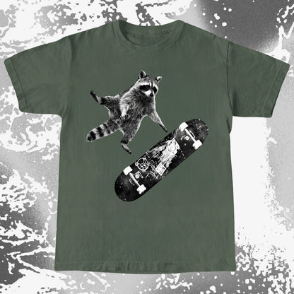 Skateboarding Raccoon Shirt – Mid Air Chaos Tee