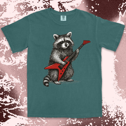 rockstar raccoon comfort colors t-shirt playing red electric guitar
